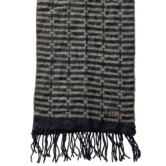 Gucci Black & Gray Embroidered Logo Geometric Weave Wool Scarf Pre-owned - Picture 12 of 16